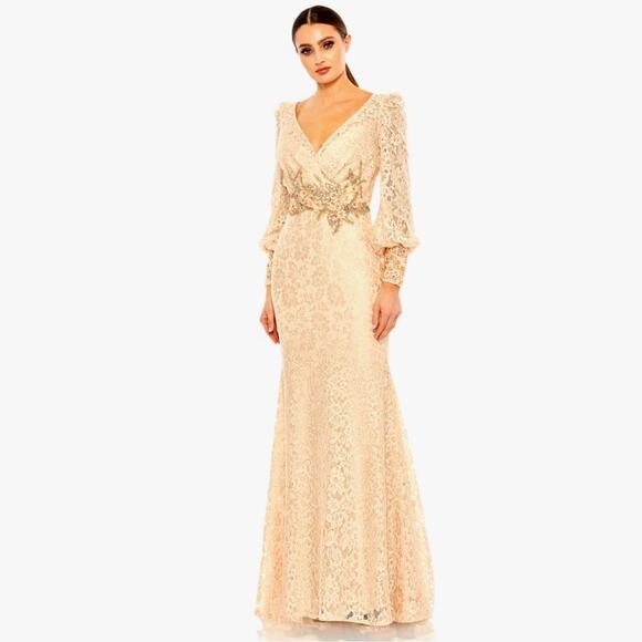 Mac Duggal Lace Long Sleeve V Neck Embellished Gown Blush size 12 - Picture 1 of 16
